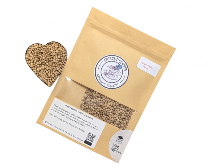Faircup Coffee Packung mit Weißer Pfeffer Perle Single Origin Kaffee und herzförmige Schale mit Pfefferkörnern