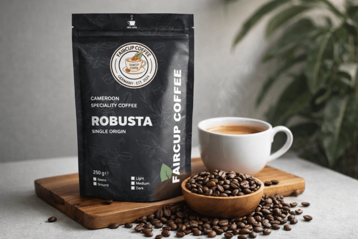 Schwarze Kaffeepackung mit Aufschrift Robusta Single Origin neben Tasse, Kaffeebohnen in Holzschale auf Brett