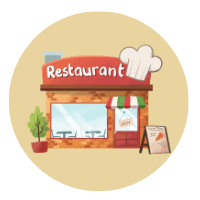 Illustriertes Restaurant mit rotem Schild, Kochmützen-Logo, Außenterrasse, Pflanzen und Menütafel im Comic-Stil