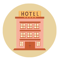 Illustriertes Hotel-Gebäude in Korallrot mit drei Stockwerken und Schriftzug HOTEL auf beigefarbenem Hintergrund