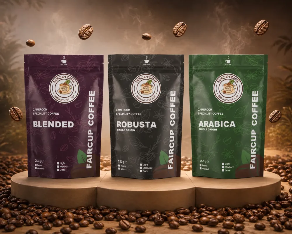 Drei Kaffeeverpackungen von Faircup Coffee: Blended, Robusta und Arabica Single Origin auf Holzpodest mit Kaffeebohnen
