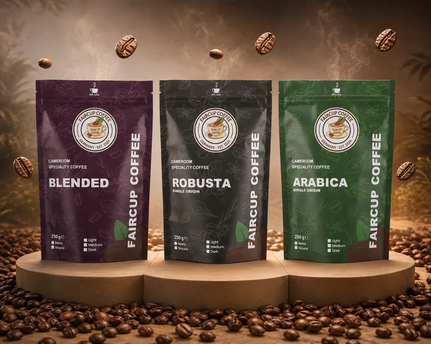 Drei Kaffeeverpackungen von Faircup Coffee: Blended, Robusta und Arabica Single Origin auf Holzpodest mit Kaffeebohnen